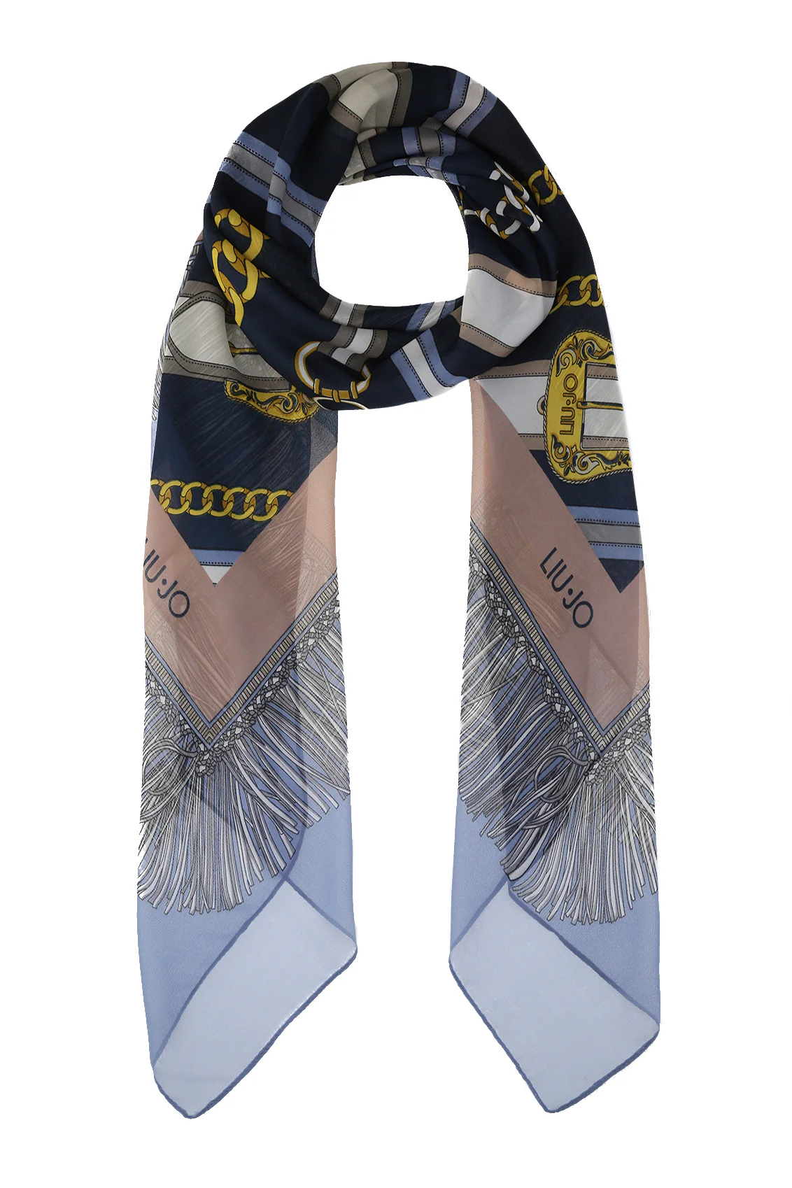 Foulard blu ecosostenibile in chiffon con stampa cinte e catenine - immagine 3