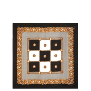 Foulard nero con stampa a quadri e leoni