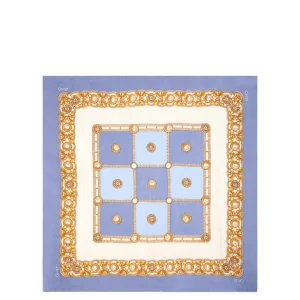 Foulard blu con stampa a quadri e leoni