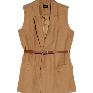 Gilet beige in lino con spalline