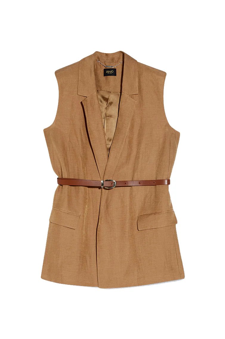 Gilet beige in lino con spalline