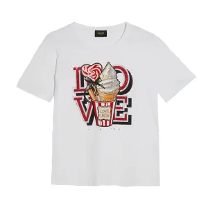 T-shirt bianca con stampa love e applicazioni