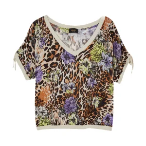Top in maglia con scollo a V e stampa animalier e fiori