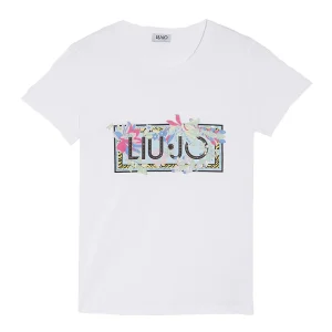 T-shirt bianca ecosostenibile con logo e fiori del mare