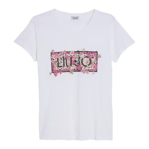 T-shirt bianca ecosostenibile con logo e fiori rosa