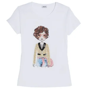 T-shirt bianca con stampa giacca e applicazioni