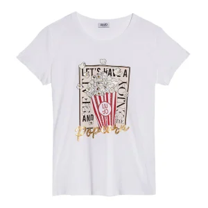 T-shirt bianca con stampa popcorn e applicazioni
