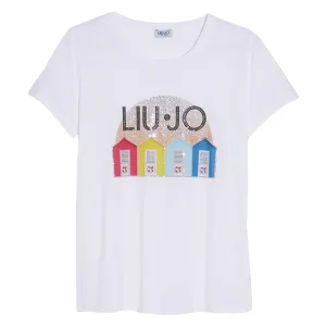 T-shirt bianca con stampa tramonto e applicazioni
