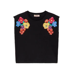 T-shirt con ricamo a fiori multicolor nera