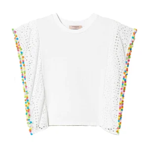 T-shirt boxy con pompon multicolor bianca