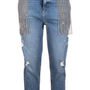 Jeans boyfriend in denim brokenstone con catene di strass