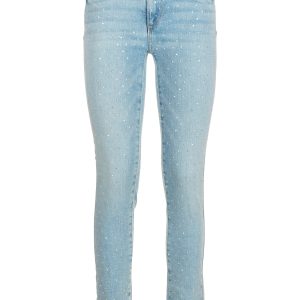 Jeans cropped in denim stonewash con perle applicate