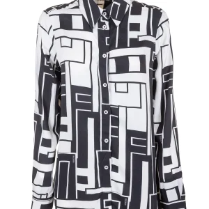 Camicia ampia in fantasia geometrica bianca e nera con colletto classico