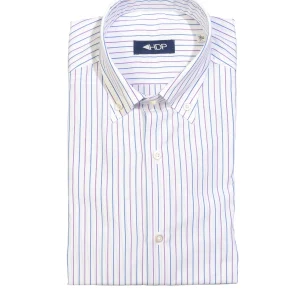 Camicia button down bianca in cotone con righe blu e viola