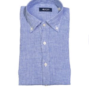 Camicia button down blu in lino con micro-quadri