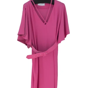 Abito corto ciclamino in crepe con scollo a V e cinta