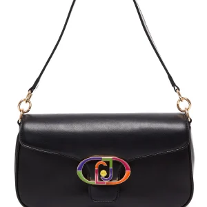 Borsa a spalla nera ecosostenibile con logo e tracolla multicolor