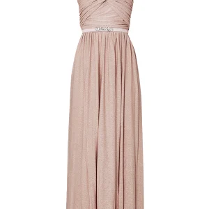 Vestito da cerimonia rosa nude con cinta in abbinamento e spacco