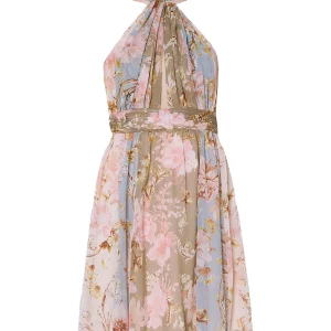 Abito corto floreale ecosostenibile in creponne con scollatura con nodo