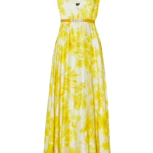 Vestito da cerimonia giallo in chiffon con stampa floreale