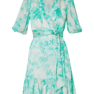 Vestito da cerimonia verde acqua in chiffon con stampa floreale