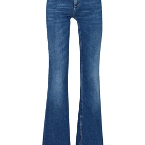 Jeans flare ecosostenibile in denim scuro con elastico