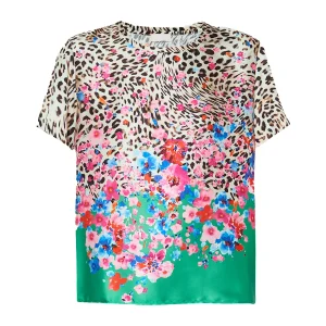 T-shirt in raso con stampa animalier floreale all over