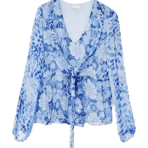 Blusa floreale blu in creponne con scollo a V