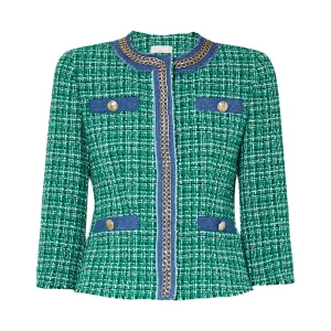 Giacca bouclé verde in cotone con motivo check e inserti in denim