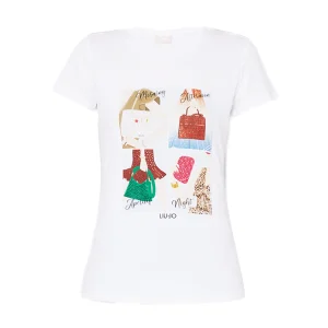T-shirt bianca in cotone stretch con stampa Bag Time