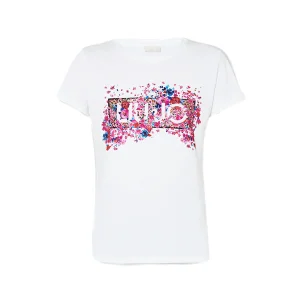 T-shirt bianca ecosostenibile in cotone con logo floreale