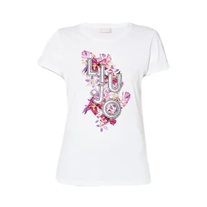 T-shirt bianca ecosostenibile in cotone con logo a fiori