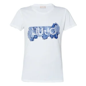 T-shirt bianca ecosostenibile in cotone con logo azzurro