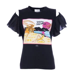 T-shirt “DIPLOMATIC” nera in cotone senza spalline con stampa tramonto