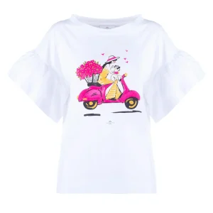T-shirt “DISK” bianca in cotone con maniche a volant e con stampa vespa