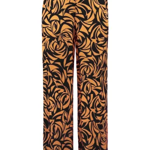 Pantalone palazzo “ETEL” nero e oro in raso stampato