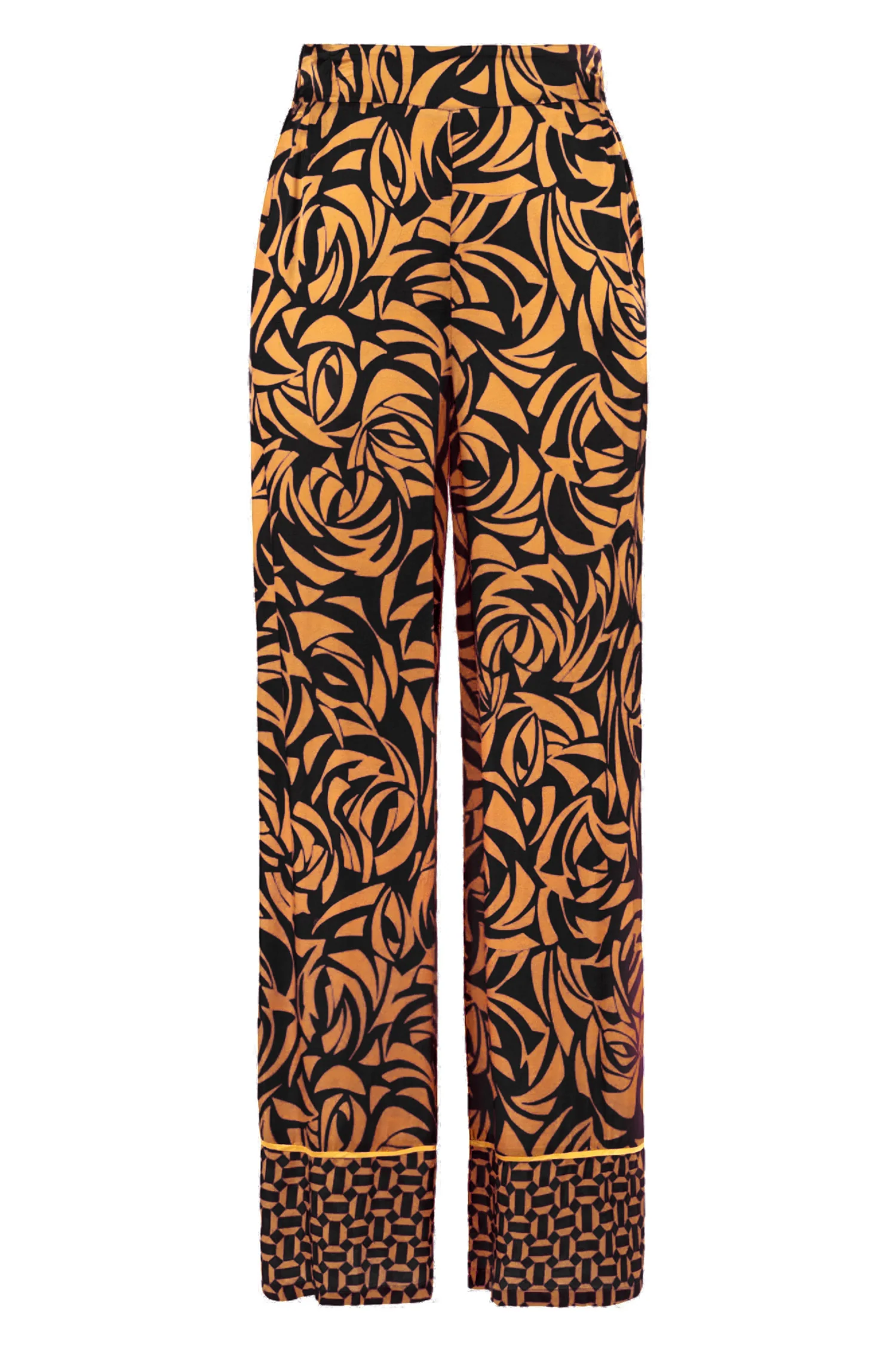 Pantalone palazzo “ETEL” nero e oro in raso stampato