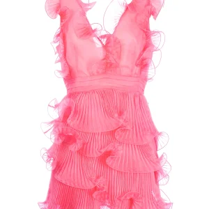 Abito corto “ANGEL” ibisco con balze plissettate