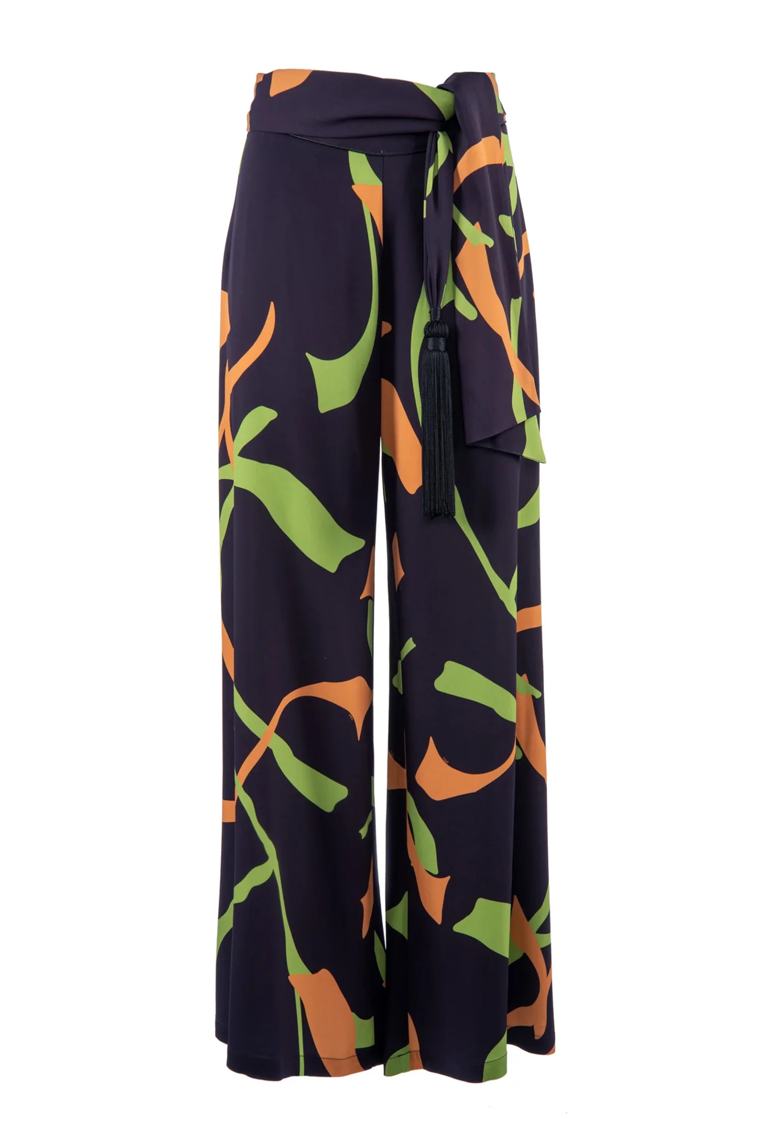 Pantalone palazzo “EDDIE” nero con stampa verde e arancio