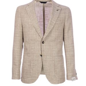 Giacca fantasia beige due bottoni sfoderata in misto cotone e lana vergine