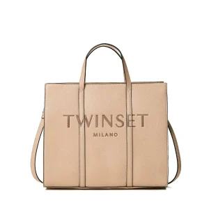 Borsa shopper beige con logo embossed
