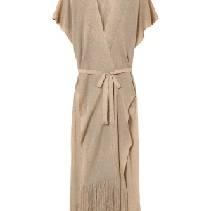 Poncho lungo sabbia con frange e cintura