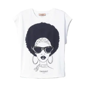 T-shirt bianca con maniche ad aletta e stampa volto