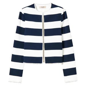 Giacca in punto Milano a righe bianche e indaco con perle