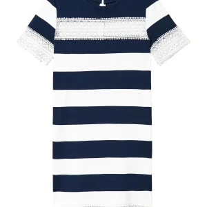 Abito corto in punto Milano a righe bianche e indaco con pizzo