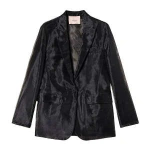 Giacca blazer nera in organza e pizzo