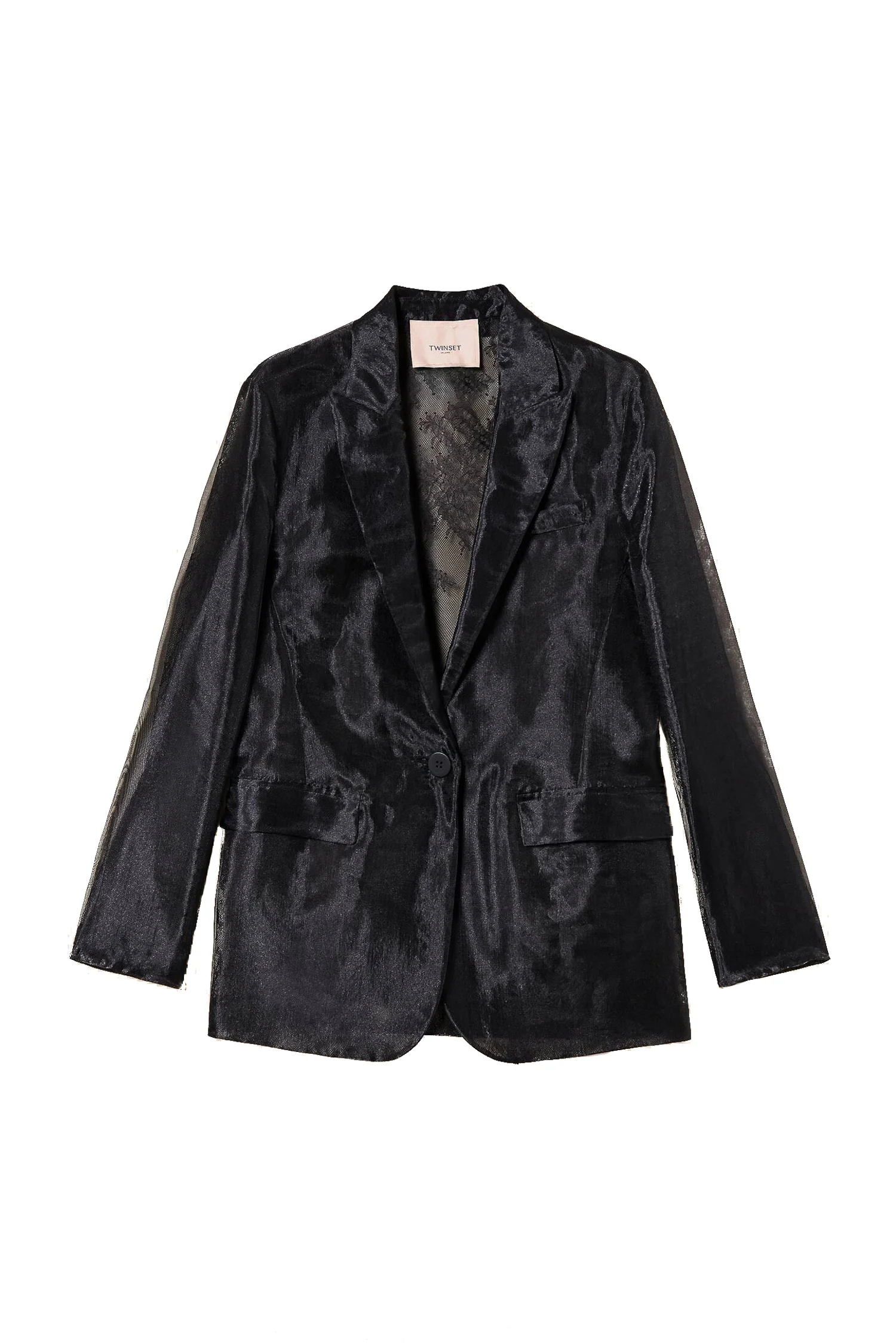 Giacca blazer nera in organza e pizzo
