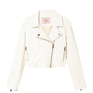 Giacca chiodo bianca effetto pelle con chiusura doppiopetto