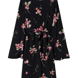 Abito a tunica nero a fiori in crêpe con scollo tondo