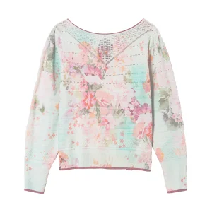 Maglia verde agave stampata a fiori con scollo a barchetta e laccetto sul retro